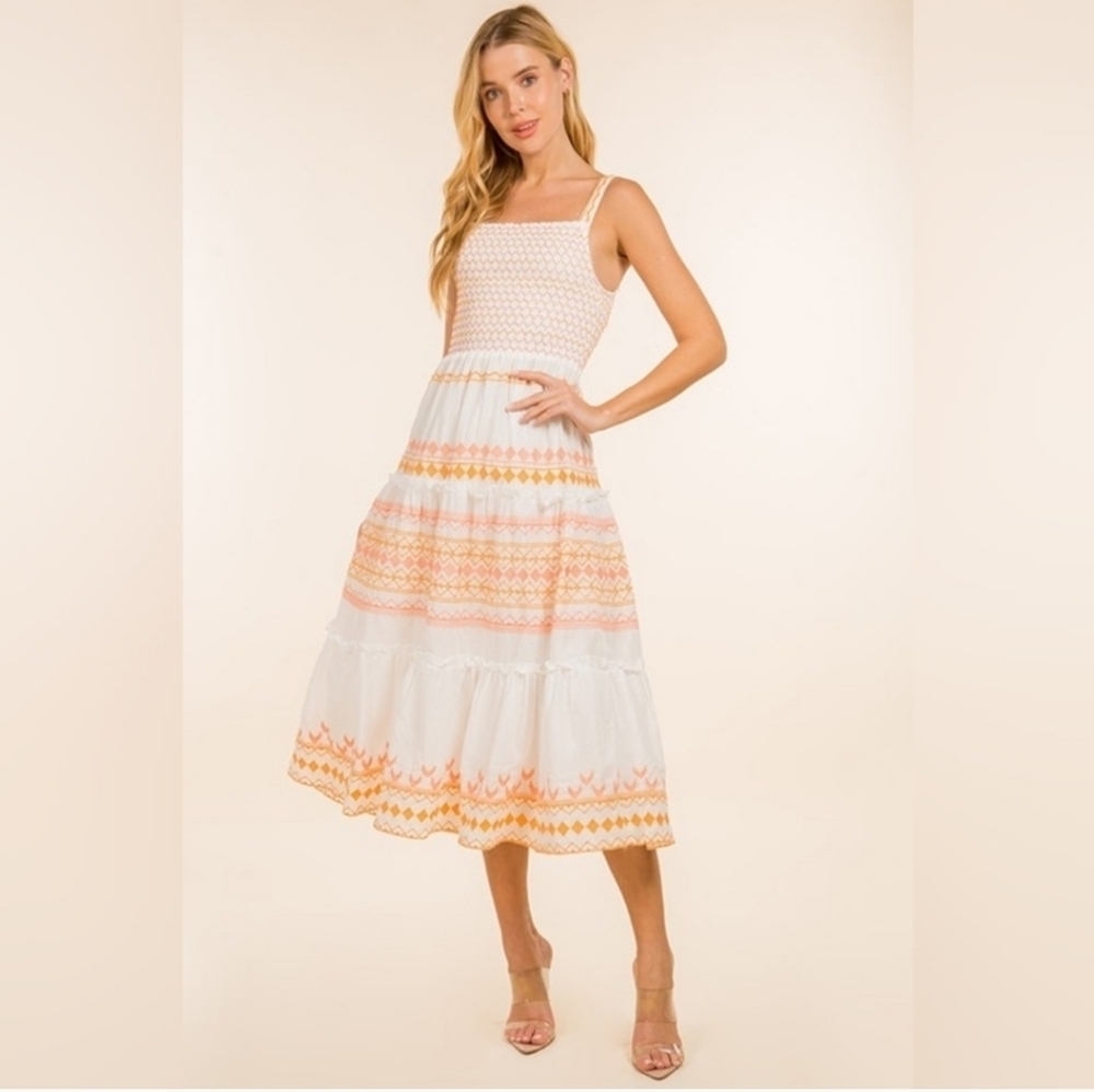 Sunday Up White Smocked Maxi with Pink and Orange Embroidery Large